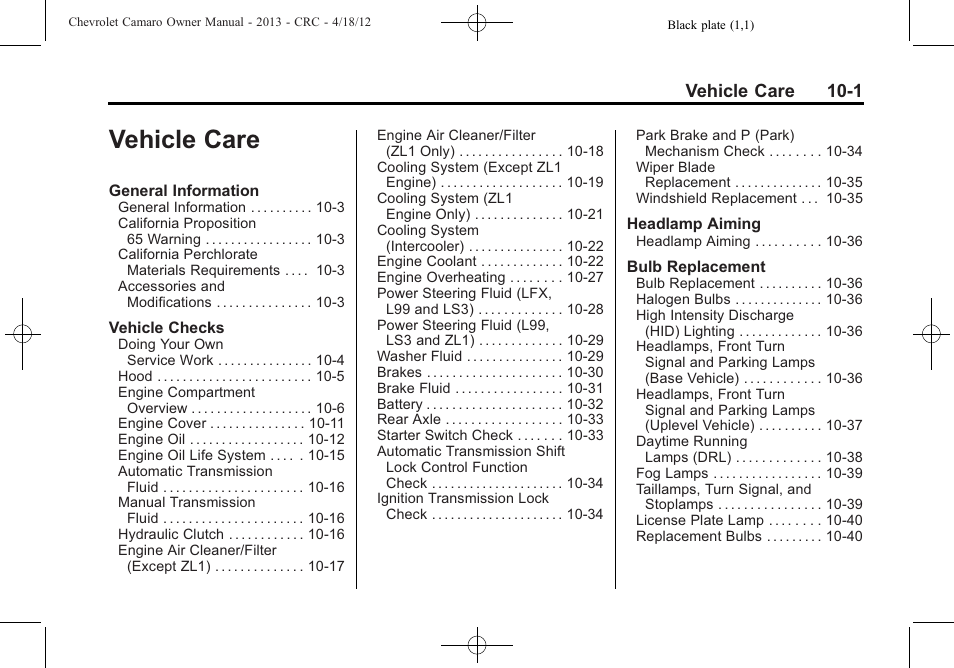 Vehicle care, Vehicle care 10-1 | CHEVROLET 2013 Camaro User Manual | Page 251 / 414