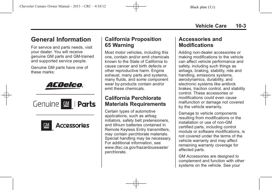 General information, California proposition 65 warning, California perchlorate materials requirements | Accessories and modifications | CHEVROLET 2013 Camaro User Manual | Page 253 / 414