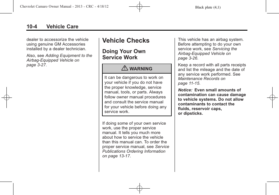 Vehicle checks, Doing your own service work | CHEVROLET 2013 Camaro User Manual | Page 254 / 414