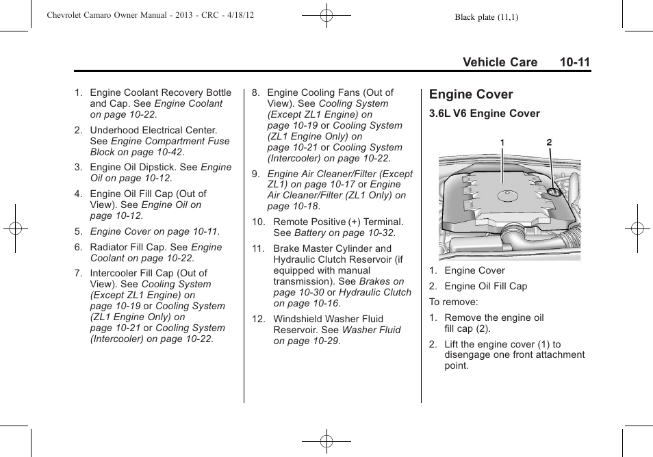 Engine cover, Vehicle care 10-11 | CHEVROLET 2013 Camaro User Manual | Page 261 / 414