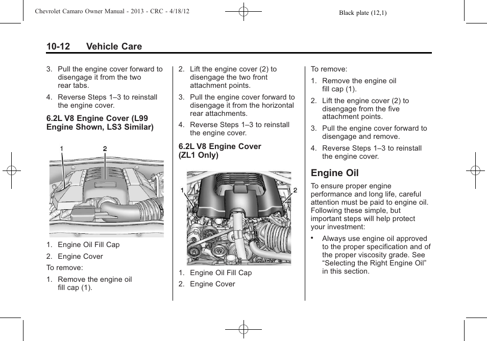 Engine oil, 12 vehicle care | CHEVROLET 2013 Camaro User Manual | Page 262 / 414