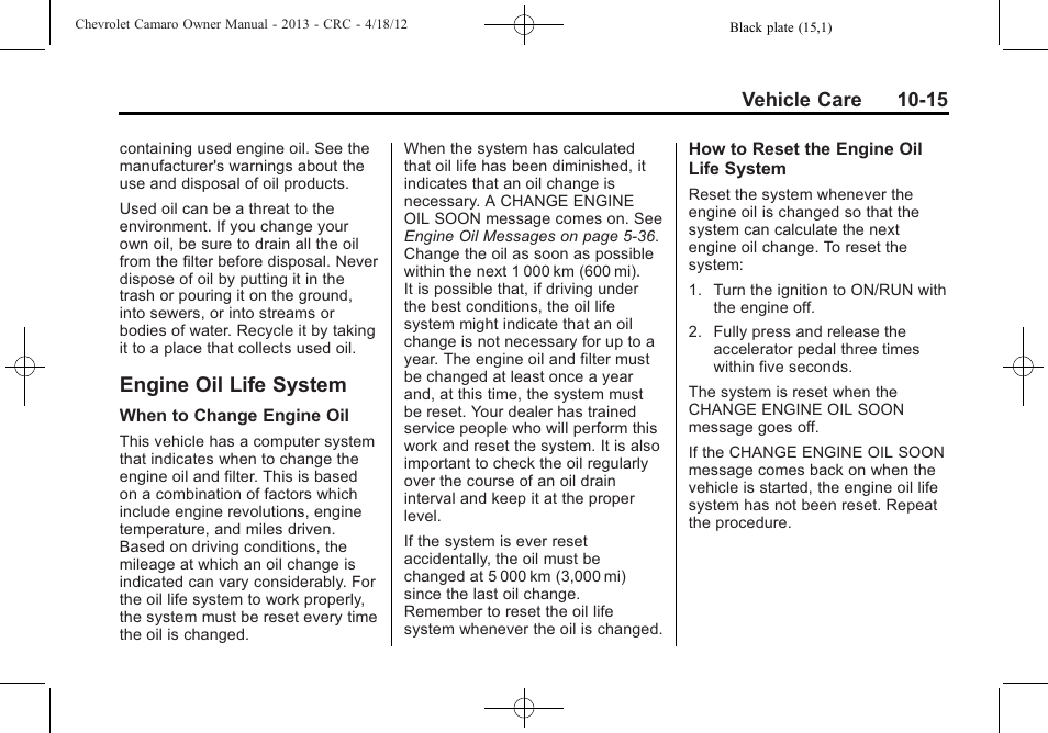 Engine oil life system | CHEVROLET 2013 Camaro User Manual | Page 265 / 414