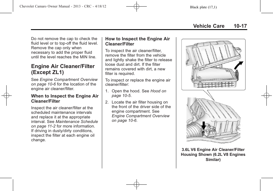Engine air cleaner/filter (except zl1) | CHEVROLET 2013 Camaro User Manual | Page 267 / 414