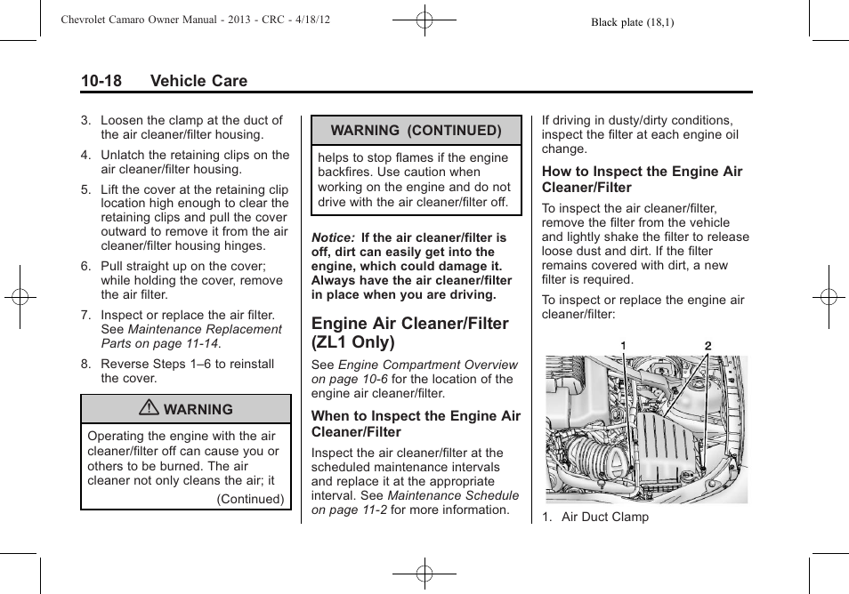 Engine air cleaner/filter (zl1 only) | CHEVROLET 2013 Camaro User Manual | Page 268 / 414