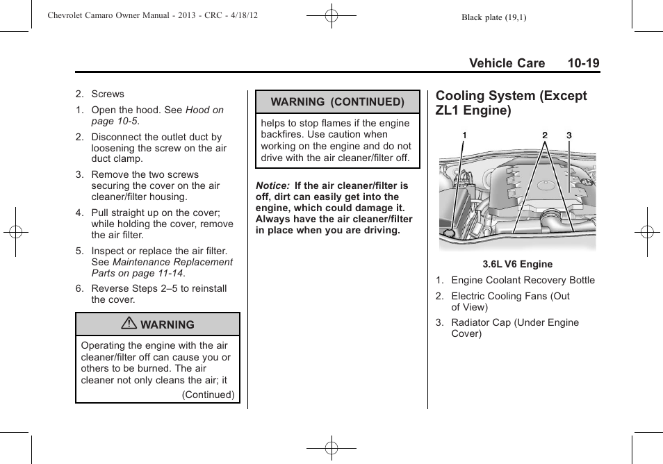 Cooling system (except zl1 engine) | CHEVROLET 2013 Camaro User Manual | Page 269 / 414