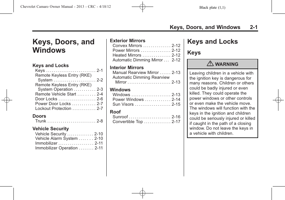 Keys, doors, and windows, Keys and locks, Keys | CHEVROLET 2013 Camaro User Manual | Page 27 / 414