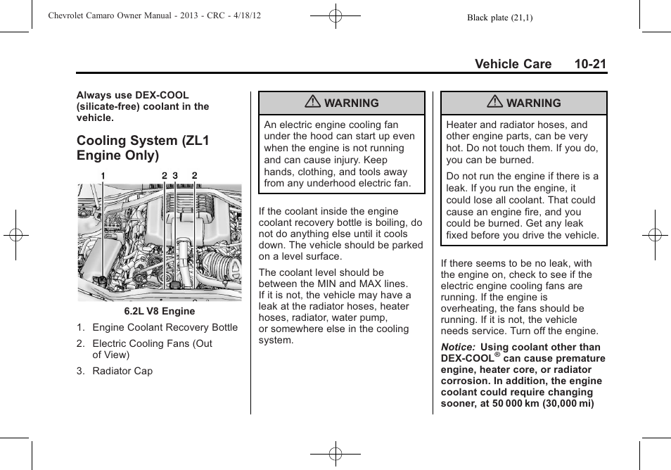 Cooling system (zl1 engine only) | CHEVROLET 2013 Camaro User Manual | Page 271 / 414