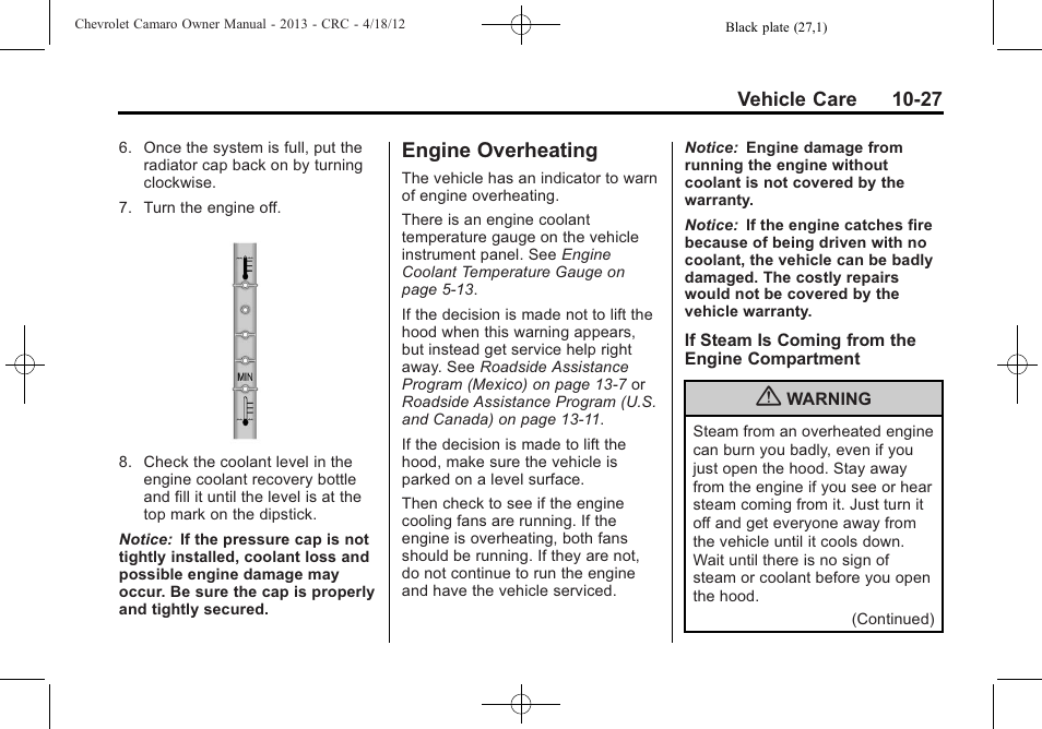 Engine overheating | CHEVROLET 2013 Camaro User Manual | Page 277 / 414