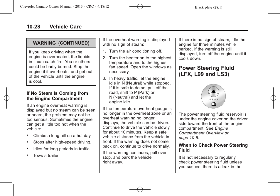 Power steering fluid (lfx, l99 and ls3), 28 vehicle care | CHEVROLET 2013 Camaro User Manual | Page 278 / 414