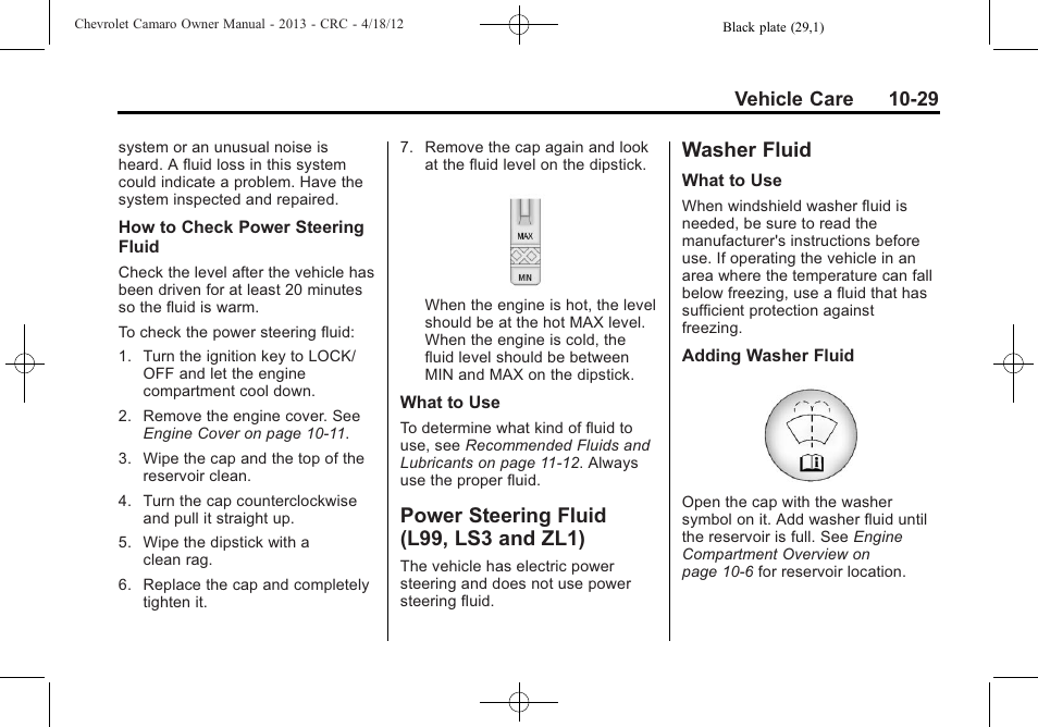 Power steering fluid (l99, ls3 and zl1), Washer fluid | CHEVROLET 2013 Camaro User Manual | Page 279 / 414