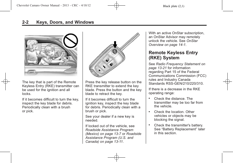 Remote keyless entry (rke) system, 2 keys, doors, and windows | CHEVROLET 2013 Camaro User Manual | Page 28 / 414
