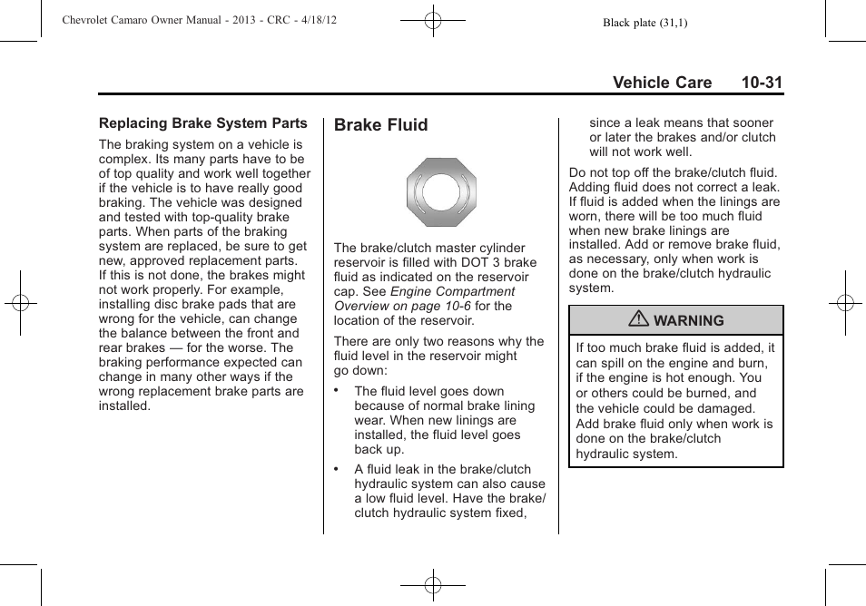 Brake fluid | CHEVROLET 2013 Camaro User Manual | Page 281 / 414