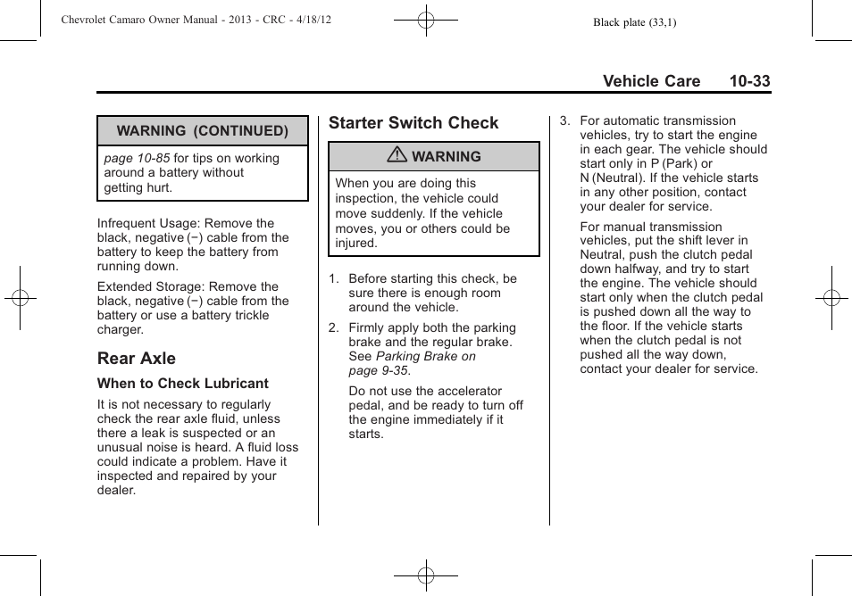 Rear axle, Starter switch check | CHEVROLET 2013 Camaro User Manual | Page 283 / 414