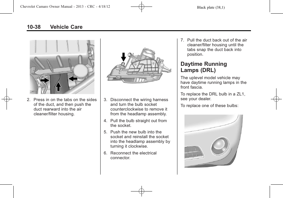 Daytime running lamps (drl), 38 vehicle care | CHEVROLET 2013 Camaro User Manual | Page 288 / 414