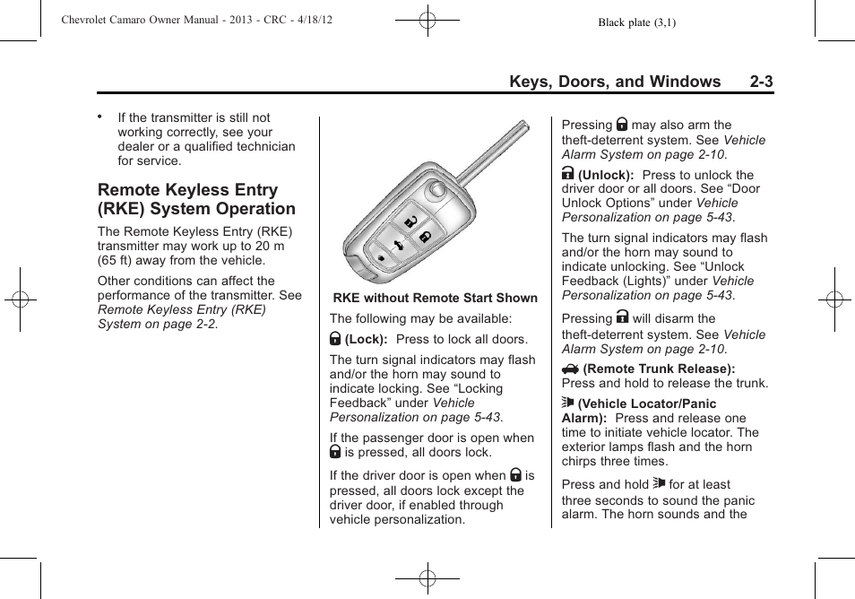 Remote keyless entry (rke) system operation | CHEVROLET 2013 Camaro User Manual | Page 29 / 414