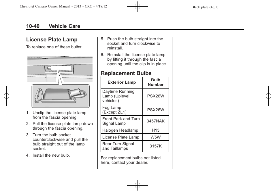 License plate lamp, Replacement bulbs, 40 vehicle care | CHEVROLET 2013 Camaro User Manual | Page 290 / 414
