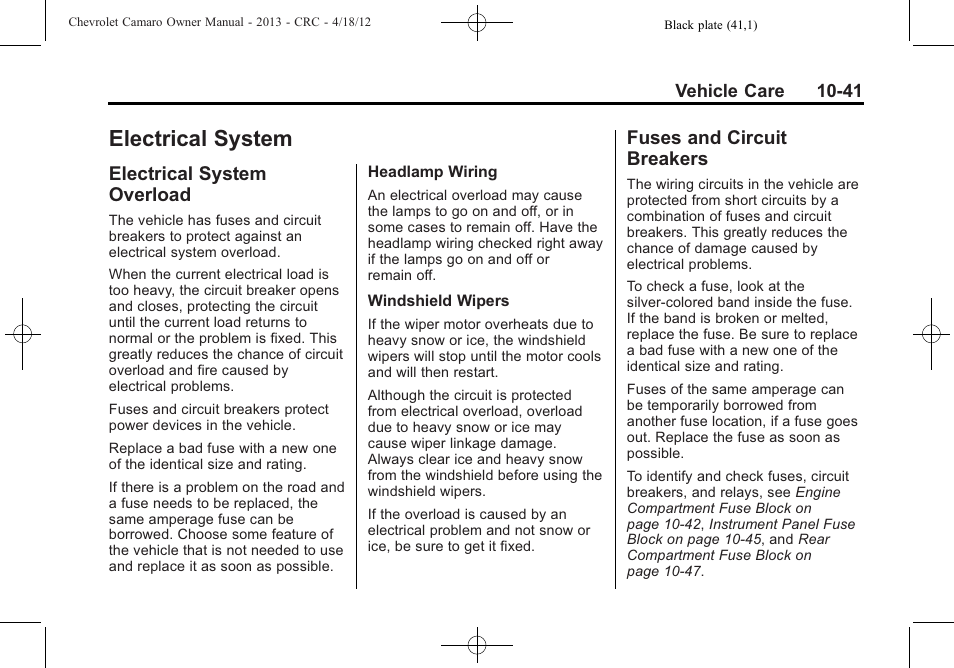 Electrical system, Electrical system overload, Fuses and circuit breakers | CHEVROLET 2013 Camaro User Manual | Page 291 / 414