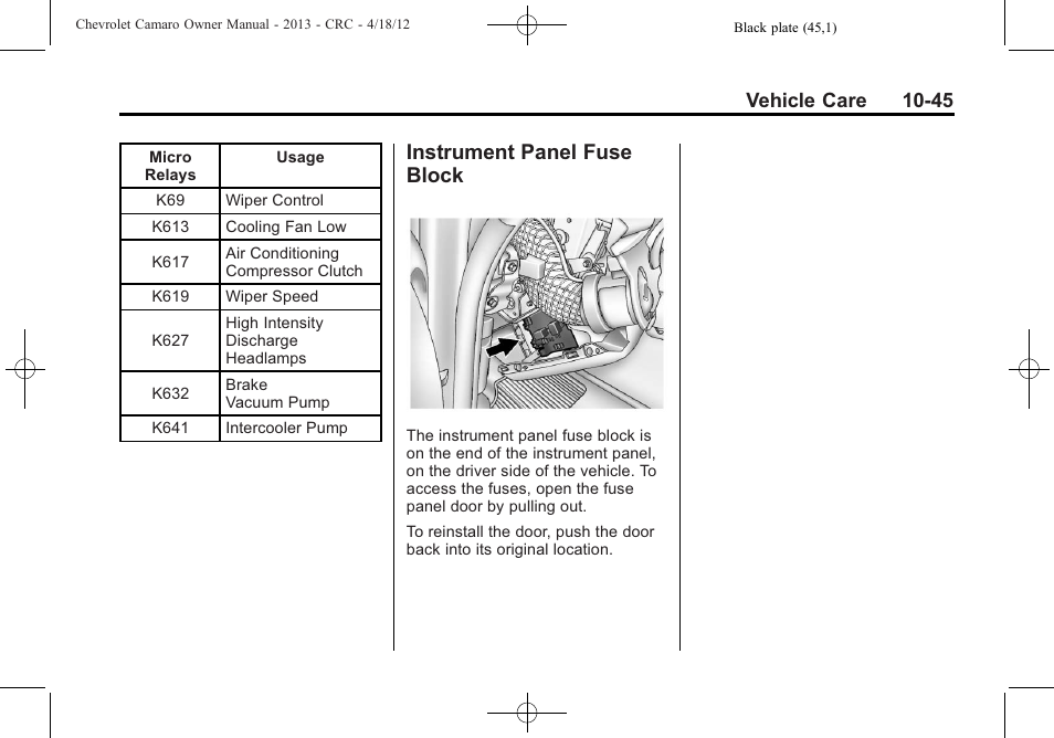 Instrument panel fuse block, Vehicle care 10-45 | CHEVROLET 2013 Camaro User Manual | Page 295 / 414
