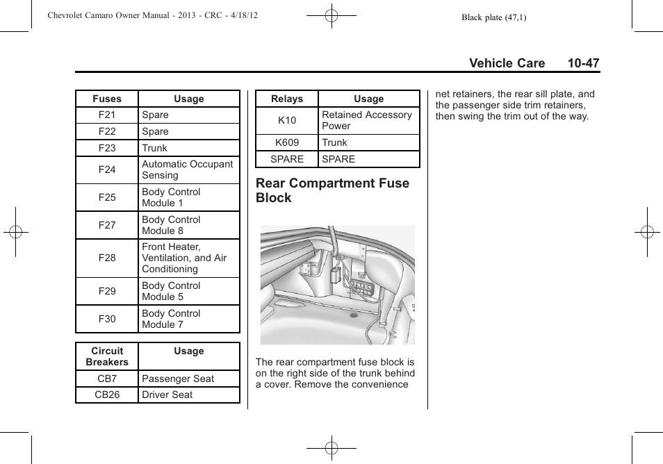 Rear compartment fuse block, Vehicle care 10-47 | CHEVROLET 2013 Camaro User Manual | Page 297 / 414