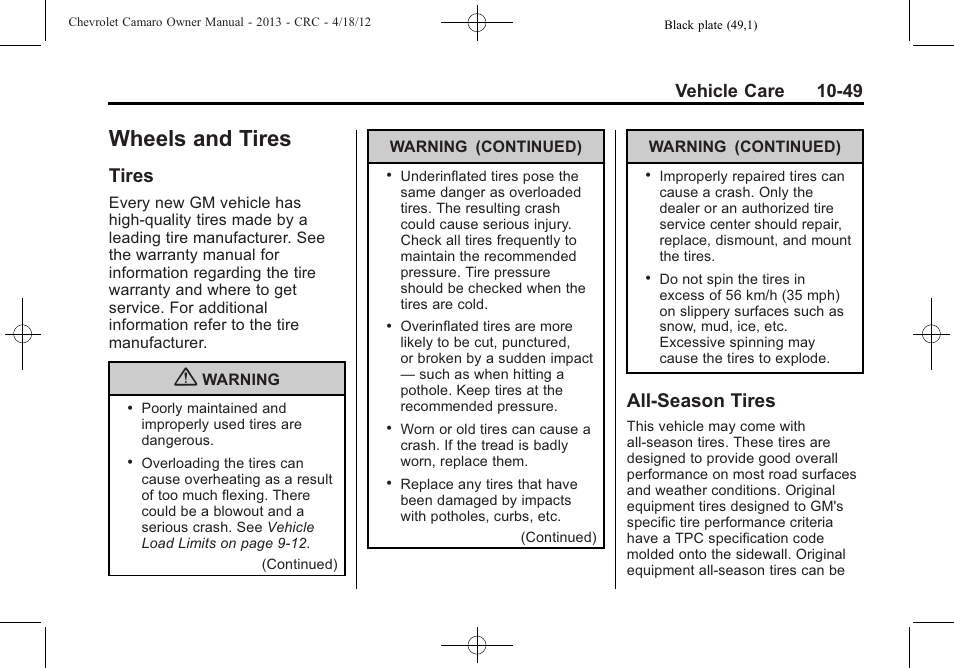 Wheels and tires, Tires, All-season tires | Vehicle care 10-49 | CHEVROLET 2013 Camaro User Manual | Page 299 / 414
