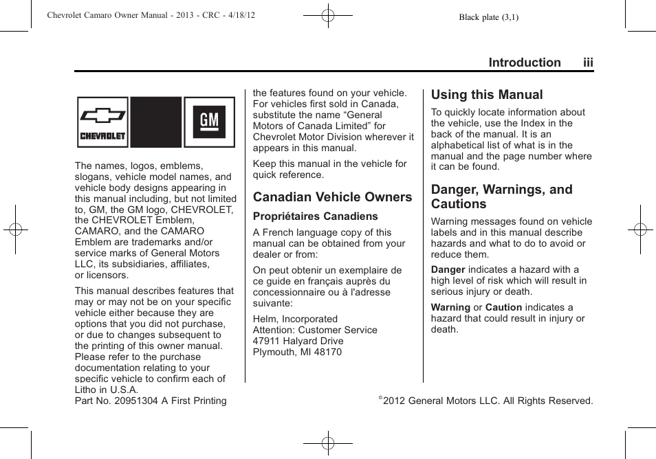 Introduction, Canadian vehicle owners, Using this manual | Danger, warnings, and cautions | CHEVROLET 2013 Camaro User Manual | Page 3 / 414