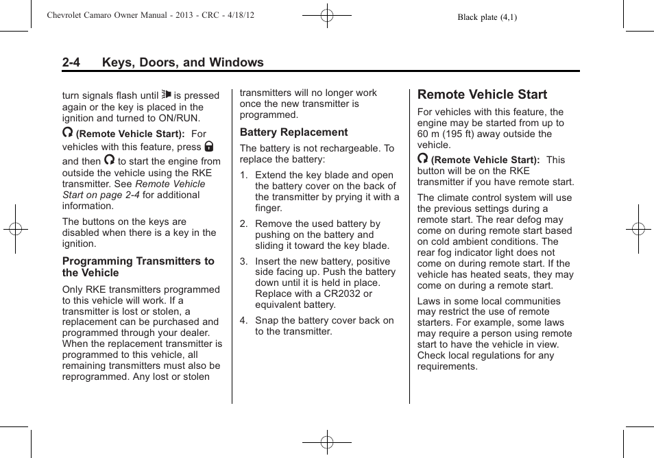 Remote vehicle start | CHEVROLET 2013 Camaro User Manual | Page 30 / 414
