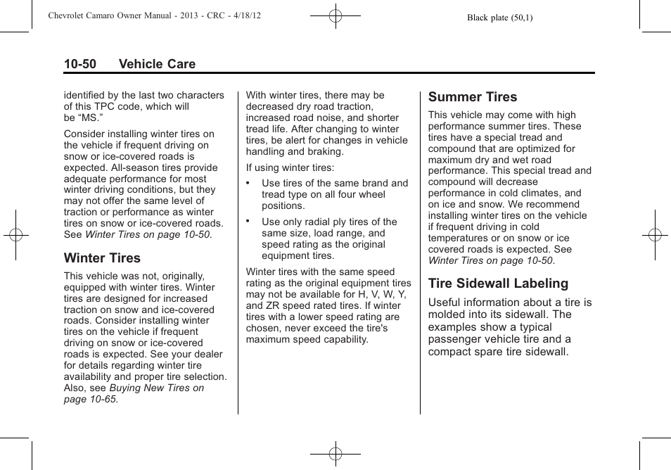 Winter tires, Summer tires, Tire sidewall labeling | 50 vehicle care | CHEVROLET 2013 Camaro User Manual | Page 300 / 414