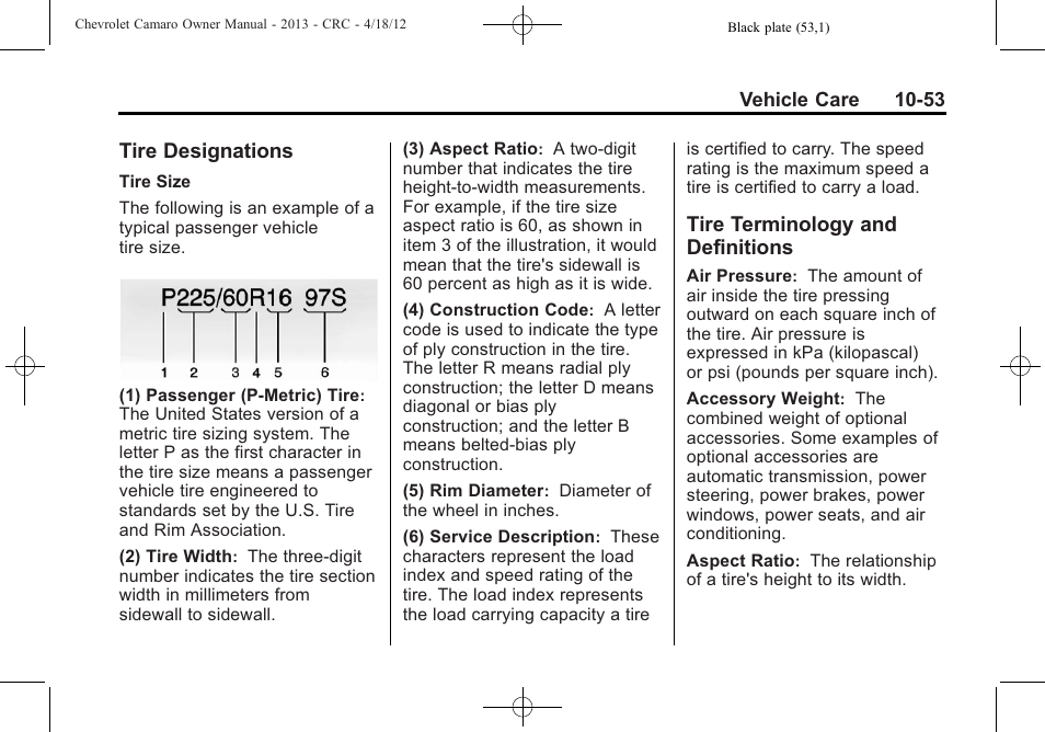 Tire designations, Tire terminology and definitions | CHEVROLET 2013 Camaro User Manual | Page 303 / 414