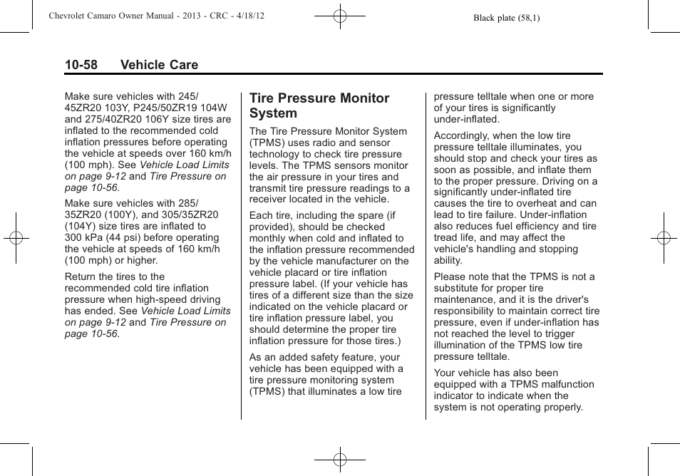 Tire pressure monitor system | CHEVROLET 2013 Camaro User Manual | Page 308 / 414
