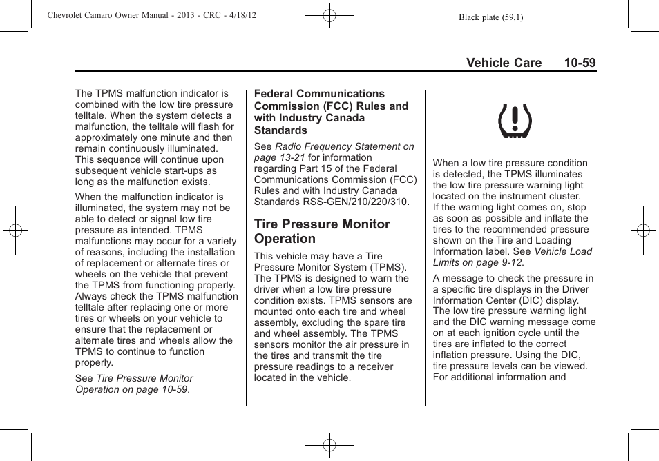 Tire pressure monitor operation | CHEVROLET 2013 Camaro User Manual | Page 309 / 414