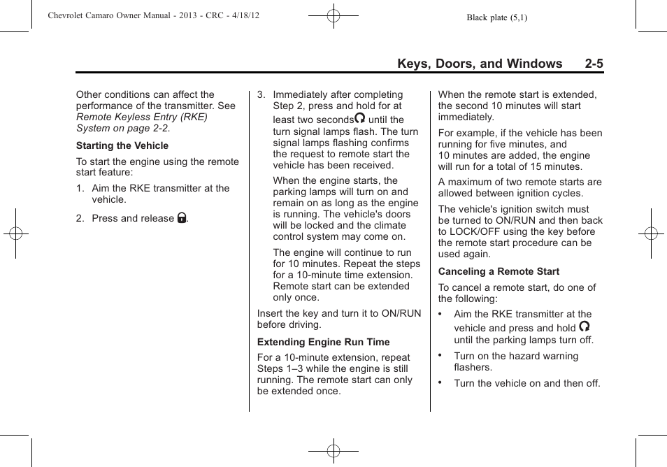 Keys, doors, and windows 2-5 | CHEVROLET 2013 Camaro User Manual | Page 31 / 414