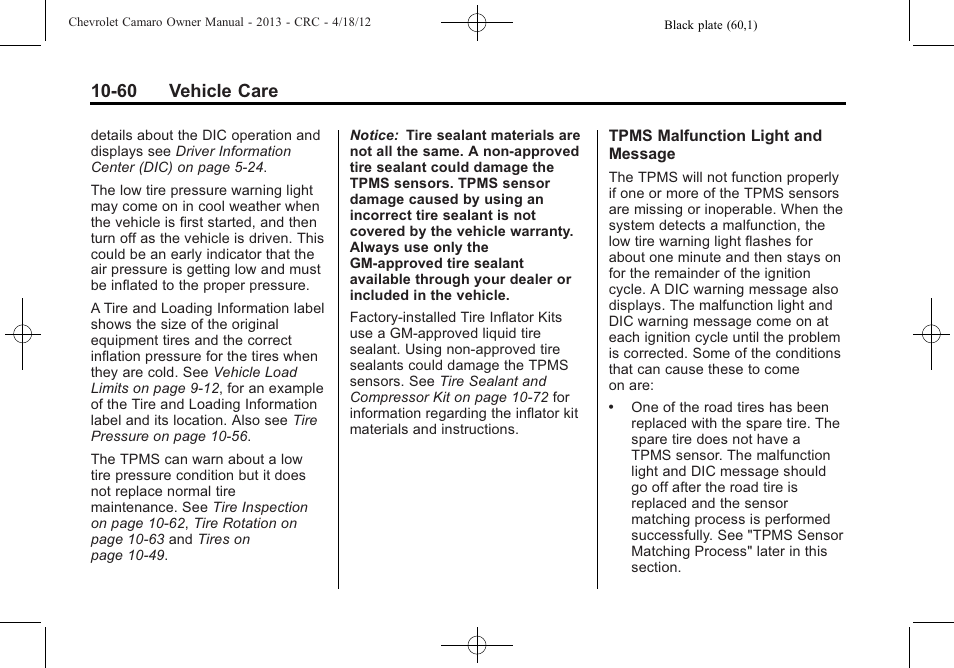 60 vehicle care | CHEVROLET 2013 Camaro User Manual | Page 310 / 414