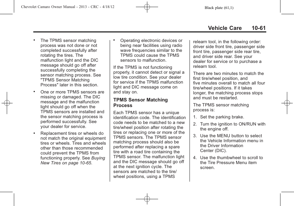 Vehicle care 10-61 | CHEVROLET 2013 Camaro User Manual | Page 311 / 414