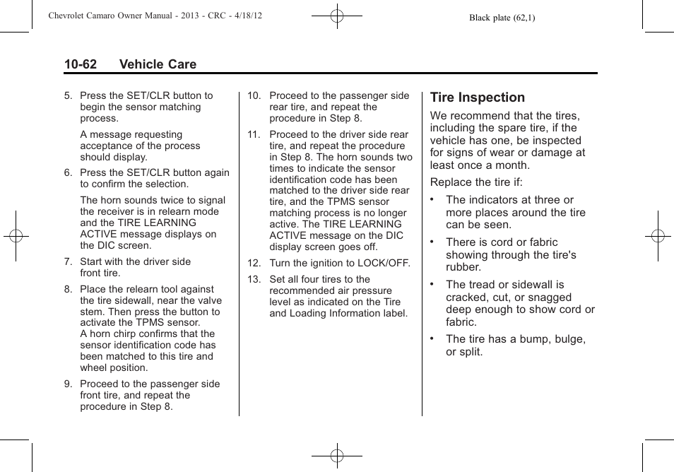 Tire inspection, 62 vehicle care | CHEVROLET 2013 Camaro User Manual | Page 312 / 414