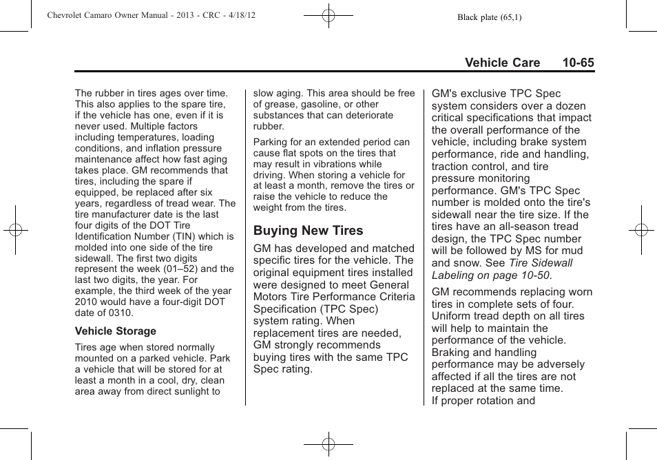 Buying new tires | CHEVROLET 2013 Camaro User Manual | Page 315 / 414