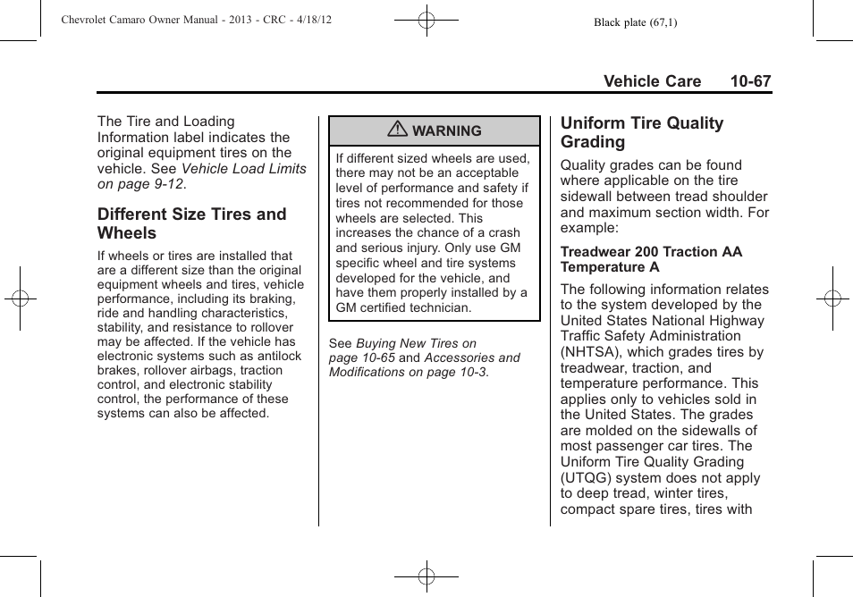 Different size tires and wheels, Uniform tire quality grading | CHEVROLET 2013 Camaro User Manual | Page 317 / 414