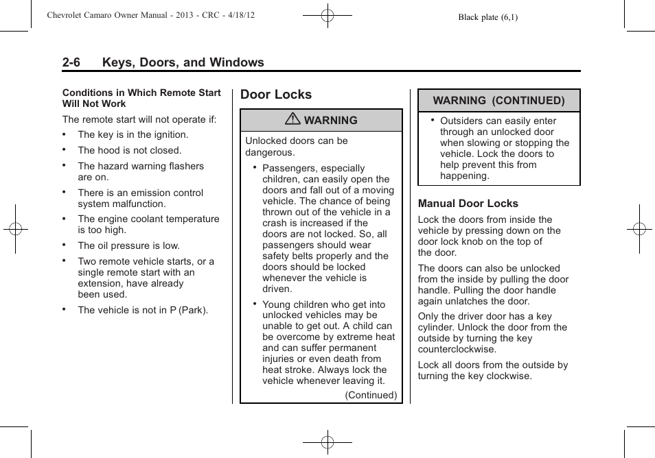 Door locks, 6 keys, doors, and windows | CHEVROLET 2013 Camaro User Manual | Page 32 / 414
