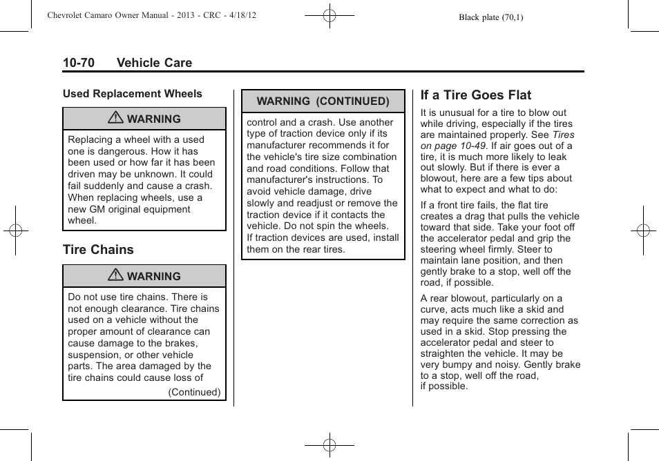 Tire chains, If a tire goes flat | CHEVROLET 2013 Camaro User Manual | Page 320 / 414