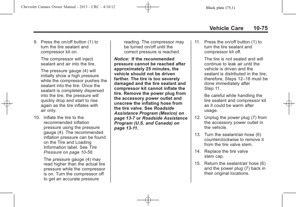 Vehicle care 10-75 | CHEVROLET 2013 Camaro User Manual | Page 325 / 414