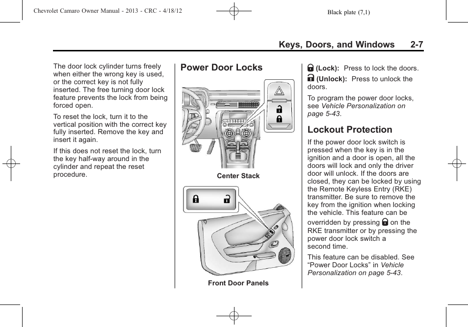 Power door locks, Lockout protection | CHEVROLET 2013 Camaro User Manual | Page 33 / 414