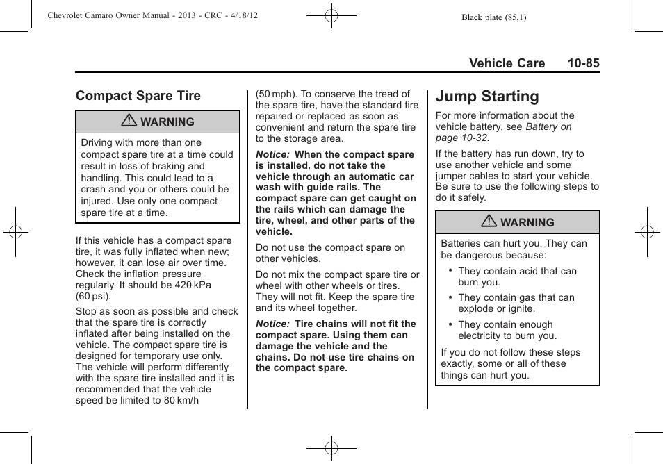 Compact spare tire, Jump starting | CHEVROLET 2013 Camaro User Manual | Page 335 / 414