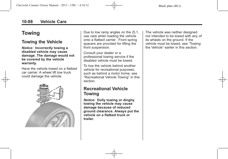 Towing, Towing the vehicle, Recreational vehicle towing | CHEVROLET 2013 Camaro User Manual | Page 338 / 414