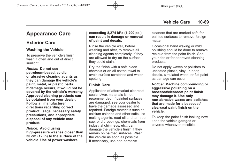 Appearance care, Exterior care | CHEVROLET 2013 Camaro User Manual | Page 339 / 414