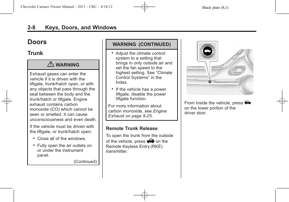 Doors, Trunk | CHEVROLET 2013 Camaro User Manual | Page 34 / 414