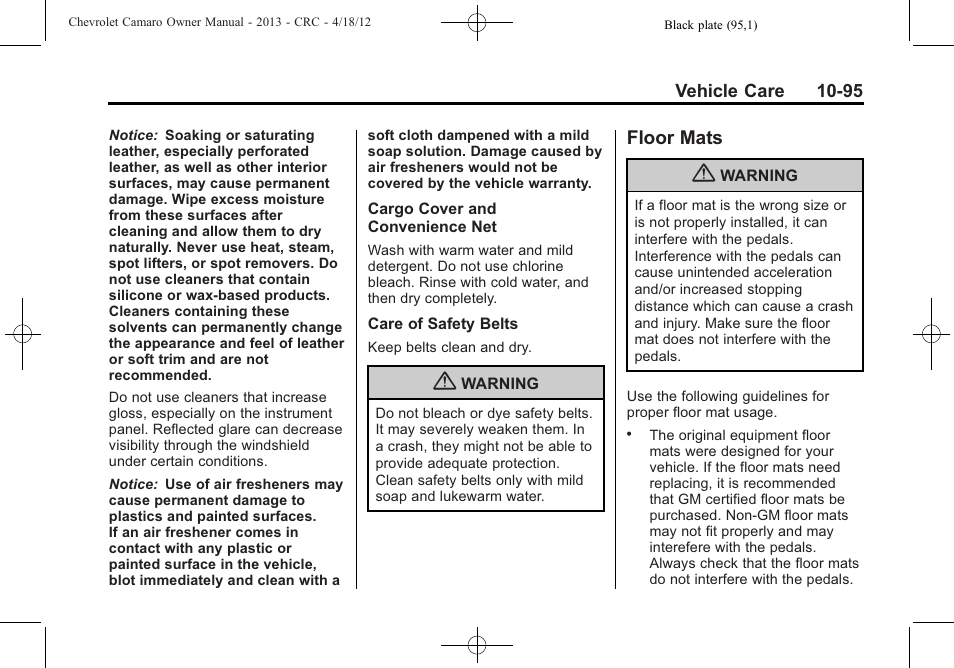 Floor mats | CHEVROLET 2013 Camaro User Manual | Page 345 / 414