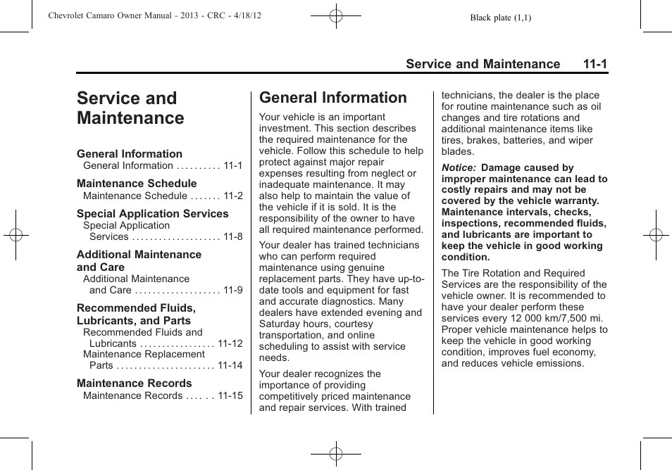 Service and maintenance, General information | CHEVROLET 2013 Camaro User Manual | Page 347 / 414