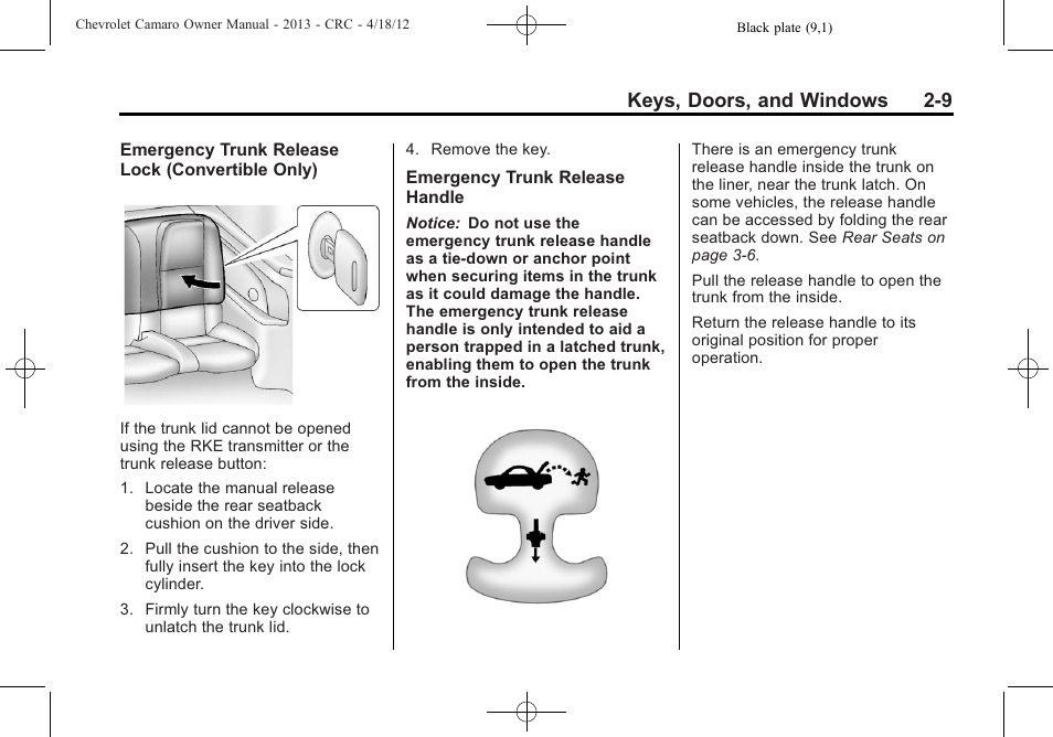 Keys, doors, and windows 2-9 | CHEVROLET 2013 Camaro User Manual | Page 35 / 414