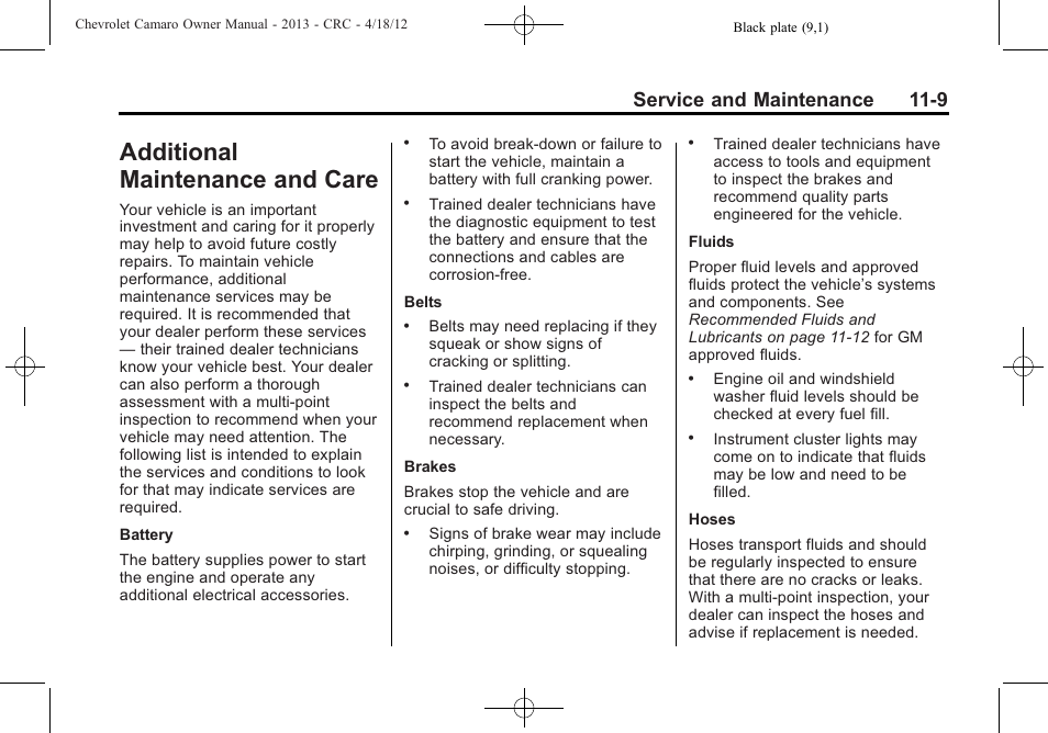 Additional maintenance and care, Service and maintenance 11-9 | CHEVROLET 2013 Camaro User Manual | Page 355 / 414