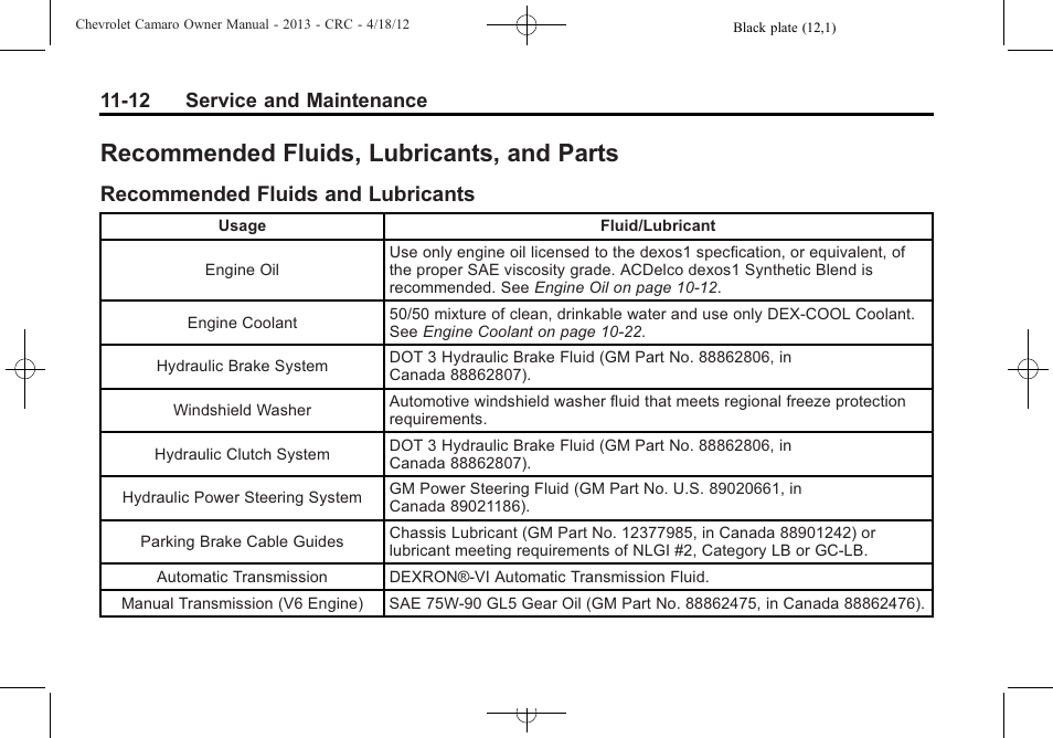 Recommended fluids, lubricants, and parts, Recommended fluids and lubricants | CHEVROLET 2013 Camaro User Manual | Page 358 / 414