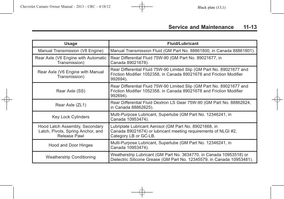 Service and maintenance 11-13 | CHEVROLET 2013 Camaro User Manual | Page 359 / 414